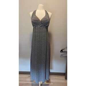 Striped Halter Maxi Dress By Suzanne Betro XL Black & Gray